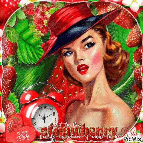 Femme vintage en rouge et fraises - Gratis geanimeerde GIF