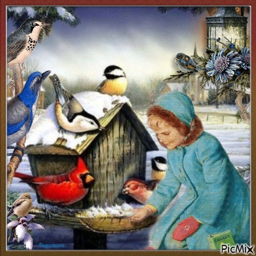 Enfants qui nourrissent les oiseaux en hiver - png ฟรี