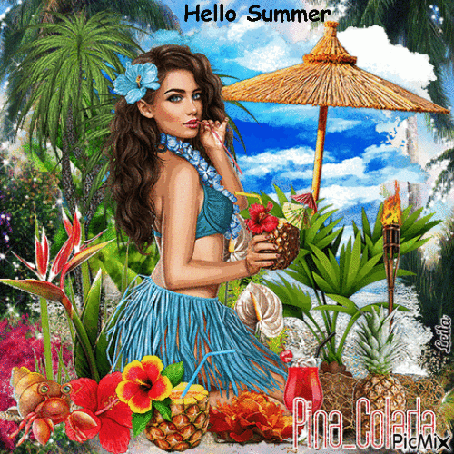 Hello Summer. Pina Colada. Tropical - GIF animado grátis