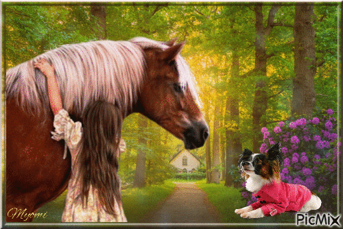 fille avec son cheval et chien - GIF animado gratis
