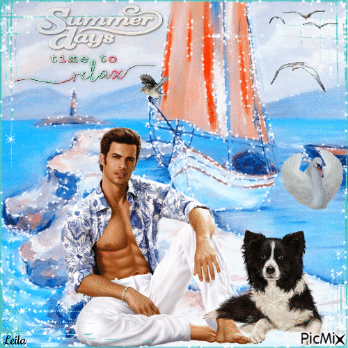 Summer days... time to relax. Man and his dog - GIF เคลื่อนไหวฟรี