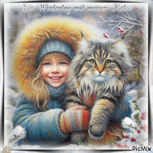 Kind im Winter mit einer Katze - Бесплатный анимированный гифка
