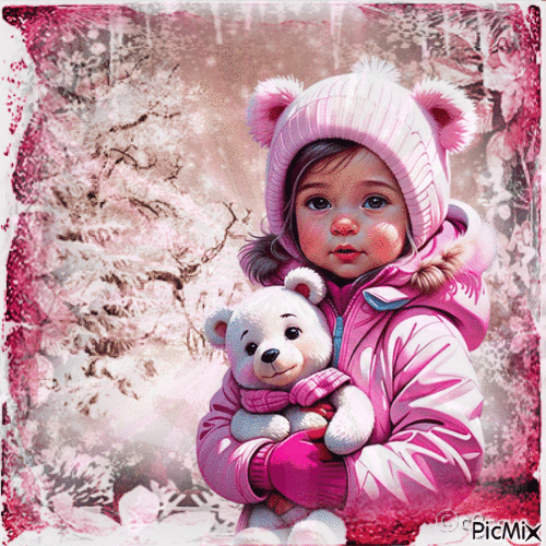 Petite fille en hiver ton rose - GIF animé gratuit