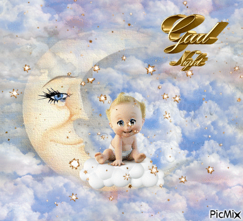 PRETTY BLUE AND WHITE CLOUDS, BABY SITTING ON MOON, GOOD NIGHT - 免费动画 GIF