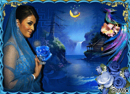 Femme avec des roses bleues - Darmowy animowany GIF