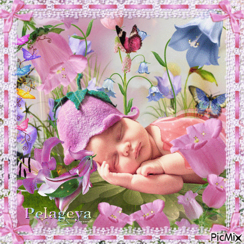 le sommeil de l'enfant et de fleurs clochettes - GIF animé gratuit