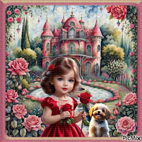 Petite fille vintage dans un jardin de roses. - Free PNG