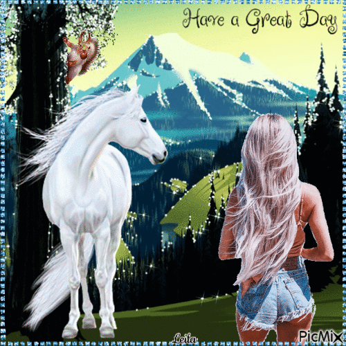 Have a Great Day. Mountain views. Woman. Horse - Zdarma animovaný GIF