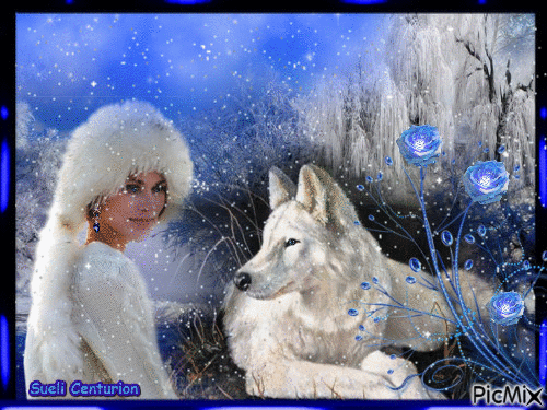 Mulher e animal no inverno - Ingyenes animált GIF