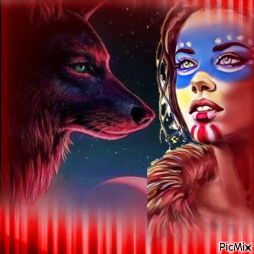 Loup rouge et fille indienne en aquarelle - png gratis