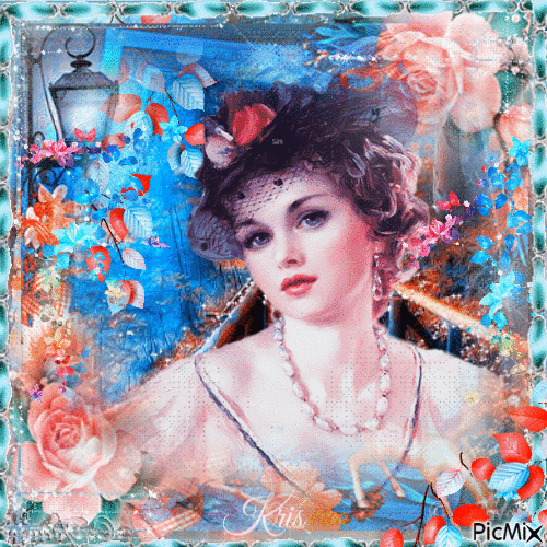Femme vintage - Tons bleu foncé et rose - Gratis animerad GIF