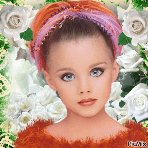 Jolie Petite Fille et Roses blanches - Darmowy animowany GIF