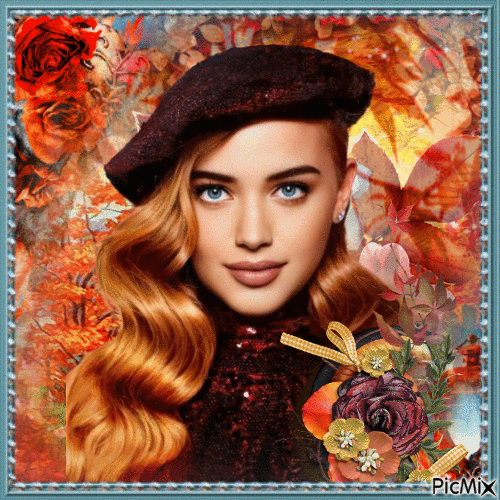 Red-haired woman in autumn with a beret - Бесплатни анимирани ГИФ