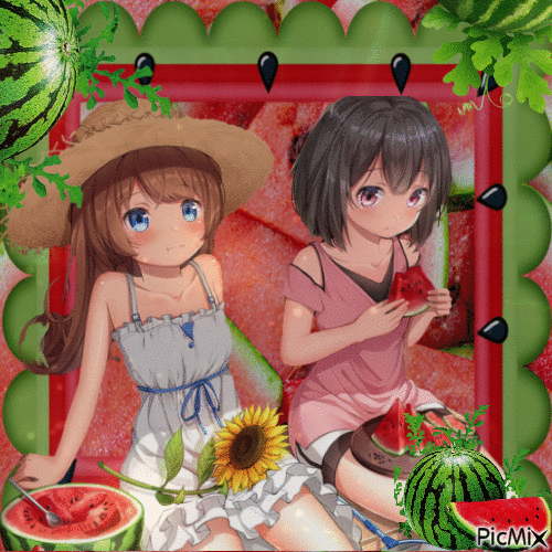 Wassermelone und Manga-Mädchen - Gratis geanimeerde GIF