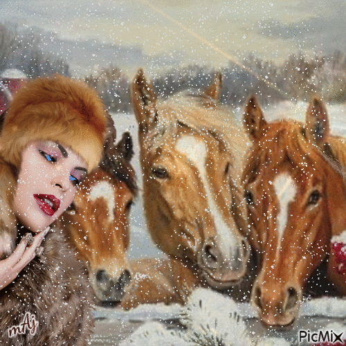 Concours "Femme avec des chevaux en hiver - Fantasy" - Бесплатный анимированный гифка