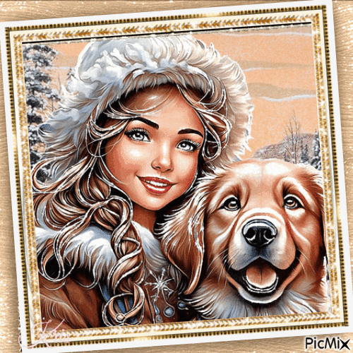 Portrait d'une fillette avec son chien - GIF animé gratuit