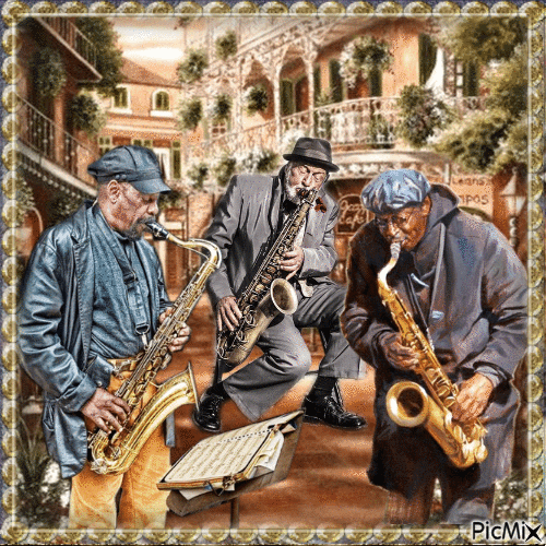 Typische Jazz-, Swing-, Blues-Straßenmusiker in New Orleans - Бесплатни анимирани ГИФ