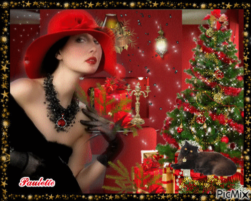 dame au chapeau rouge et chat noir - Zdarma animovaný GIF