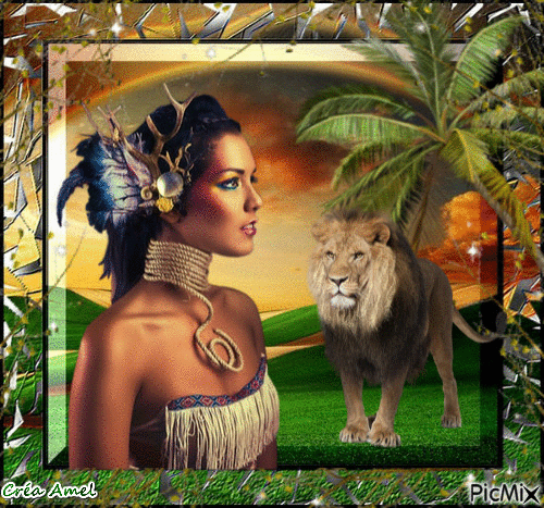 femme et lion - Gratis animeret GIF
