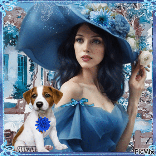 Una donna con cappello e il suo cane nei toni del blu - Kostenlose animierte GIFs