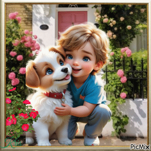 Enfant au printemps avec un chien - Gratis geanimeerde GIF