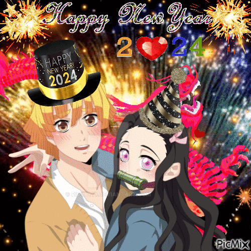 Happy New Year from Zenitsu and Nezuko - GIF animé gratuit