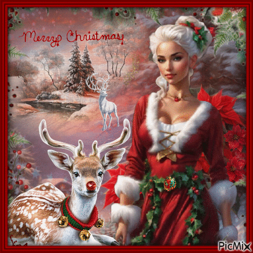 Christmas woman and her deer - Безплатен анимиран GIF