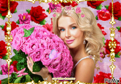 HD femme et bouquet de roses - Free animated GIF