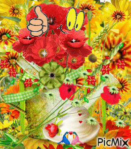 ORANGE, RED, AND YELLOW FLOWERS WATERING CAN FLOWER POT BIRDS KISSING RED HEARTS SPARKLES, AND POINTING HAND AND EYES AT THE TOP. - Free animated GIF