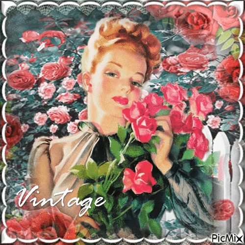 Vintage Woman in Roses Garden - Gratis animerad GIF
