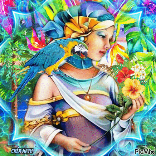 Femme et son perroquet, fantasy - Besplatni animirani GIF