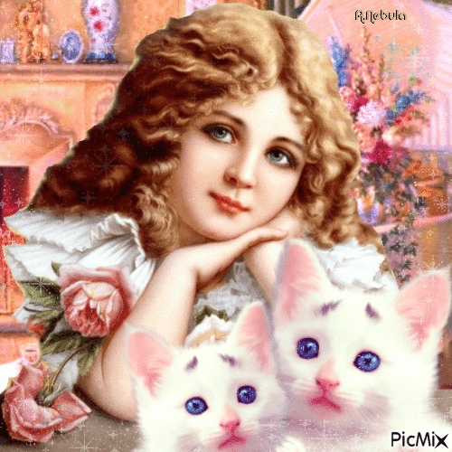 Vintage girl and her cat - Bezmaksas animēts GIF