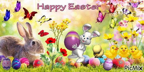 Happy Easter! 🐰🐇🐔🐓🐣🐤🐥🌺🌼🥚 - Ilmainen animoitu GIF