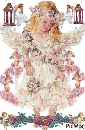 LITTLE ANGEL WITH FRIENDS. THERE ARE PINK ROSES AND SPARKLES, GOLD AND SILVER.THERE ARE 2 LITTLE SPARKLING ANGELS IN THE TOP CORNERS ABD MORE AMONG THE ROSES. - Gratis geanimeerde GIF