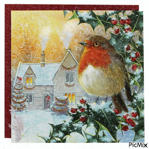 A BIG ROBIN SITTING IN A HOLLY TREE, LOOKING BACK AT A GOOD WARM HOUSE, ALL DECORATED FOR CHRISTMAS, WITH SNOW COMING DOWN. - Bezmaksas animēts GIF