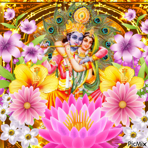 Radha Krishna et fleur de lotus - GIF animate gratis