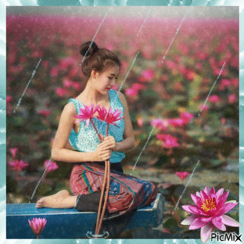 Girl with Lotuses in Rain - Бесплатный анимированный гифка