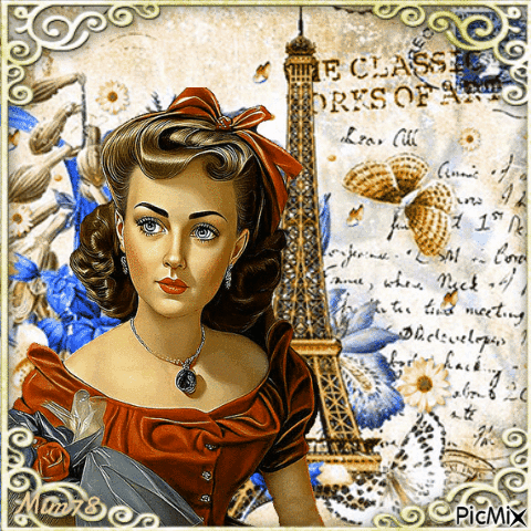 Femme sur fond de Tour Eiffel - Vintage - Animovaný GIF zadarmo