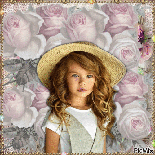 Schönes kleines Mädchen und weiße Rosen - Δωρεάν κινούμενο GIF