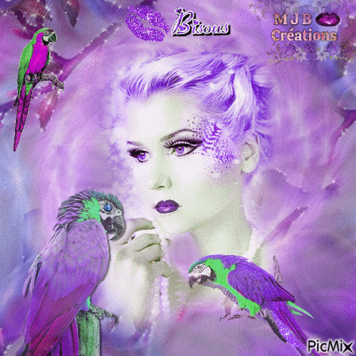 ...Trois perroquets , fond violet M J B Créations - GIF animé gratuit