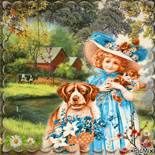 Fille en campagne avec son chien - Free animated GIF