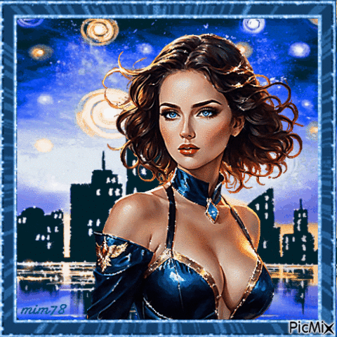 Femme en bleu marine dans la ville au clair de lune - Gratis animerad GIF