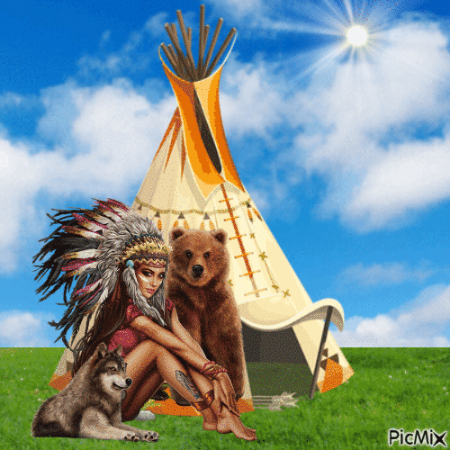 Native American woman with bear and wolf - GIF animé gratuit