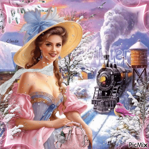 Femme vintage élégante en hiver qui attend son train - Nemokamas animacinis gif