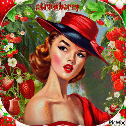 Femme vintage and rouge et fraises - Бесплатный анимированный гифка
