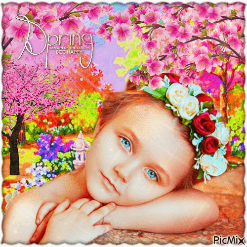 Kleiner Junge oder Mädchen im rosa Frühling - Free animated GIF