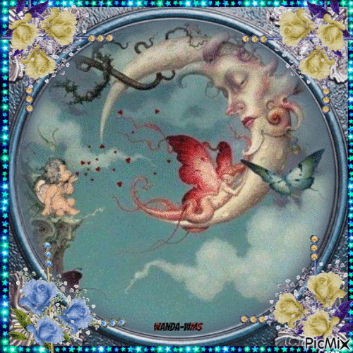 Angels-fairies-moon-roses - GIF animé gratuit