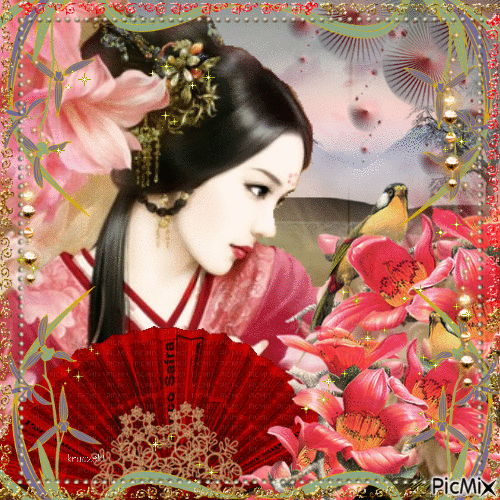 Geisha with birds - Darmowy animowany GIF