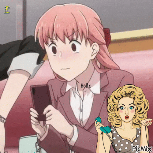 Manga lány piros berettel és mobillal a kezében - Ilmainen animoitu GIF