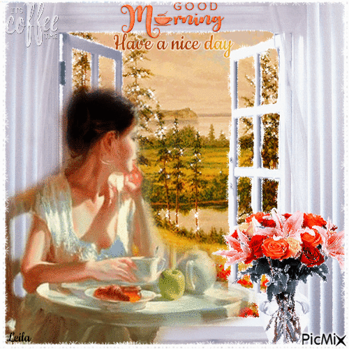 Good Morning. Its coffe time. Have a nice day. Window - Бесплатни анимирани ГИФ